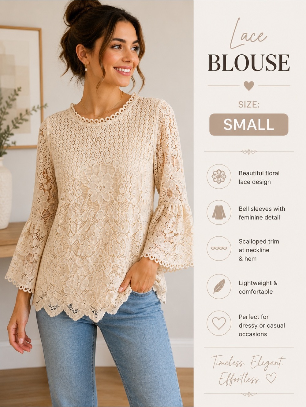 Multiples Cream Lace Bell Sleeve Blouse SMALL